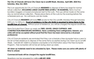 Annual City Clean-up & Landfill week – The City of Chanute will have city clean-up & Landfill week, Monday April 28-May 3, 2025