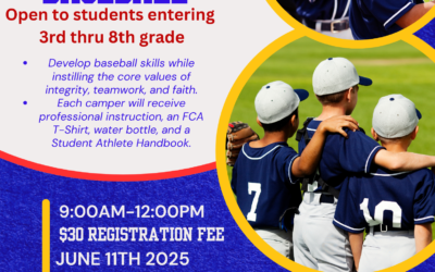 FCA Power Camp; Baseball- Open to students entering 3rd – 8th grade. June 11th, 2025. Riverside Park, Iola KS.