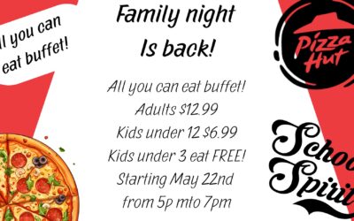 Family Night is Back at our local Chanute Pizza Hut! Starting on May 22nd. 5:00 p.m. – 7:00 p.m.; 1625 S. Santa Fe, Chanute