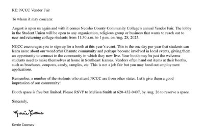Neosho County Community College invites you to the 2025 Vendor Fair on Thursday, August 28, 2025 on the Chanute Campus, from 11:30 am to 1:00 pm! Join us in welcoming our students back to campus, hand out swag and brochures, and meet the next generation of workers!