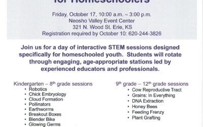 STEM Discovery Day for Homeschoolers – Friday October 17,  10:00 a.m. – 3:00 p.m.; 321 N. Wood St., Erie KS