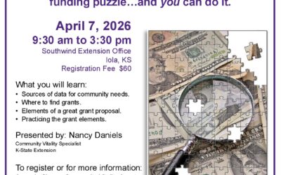 Southwind Extension District will be hosting an in person Grant Writing Workshop on Tuesday, April 7th, from 9:30 AM to 3:30 PM at the Southwind Extension District Office in Iola, KS.