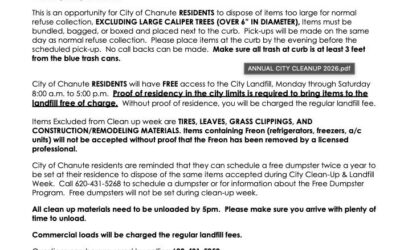 The City of Chanute will have City Clean-Up & Landfill Week, Monday, April 27th, 2026 through Saturday, May 2nd, 2026.