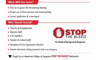 A free Community Hemorrhage Control class is being offered at NMRMC in April! Date: April 14th, 2026  Time: 3:30 p.m. – 5 p.m. OR 6 p.m. – 7:30 p.m. Location: 629 S. Plummer (East Entrance, NMRMC Classroom)