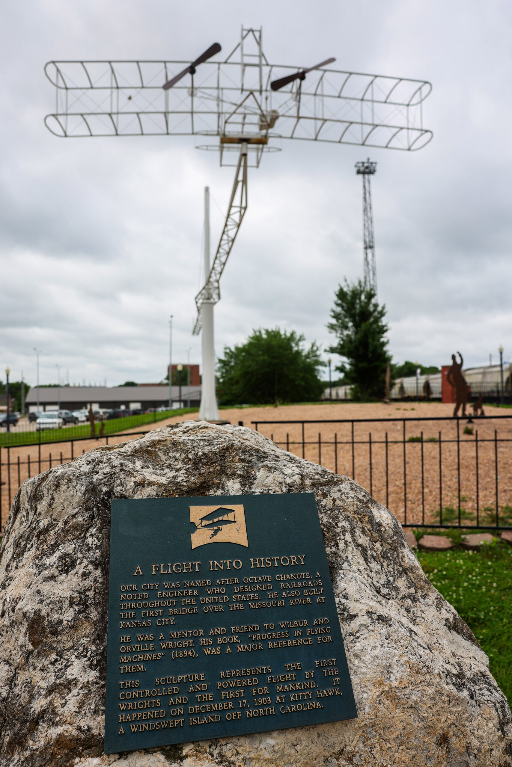 On Main Street Large, wind-powered metal sculpture of the Wright Brothers' first airplane. It features a replica of the 1903 Wright Flyer - 23 feet in wingspan and 20 feet from nose to tail.