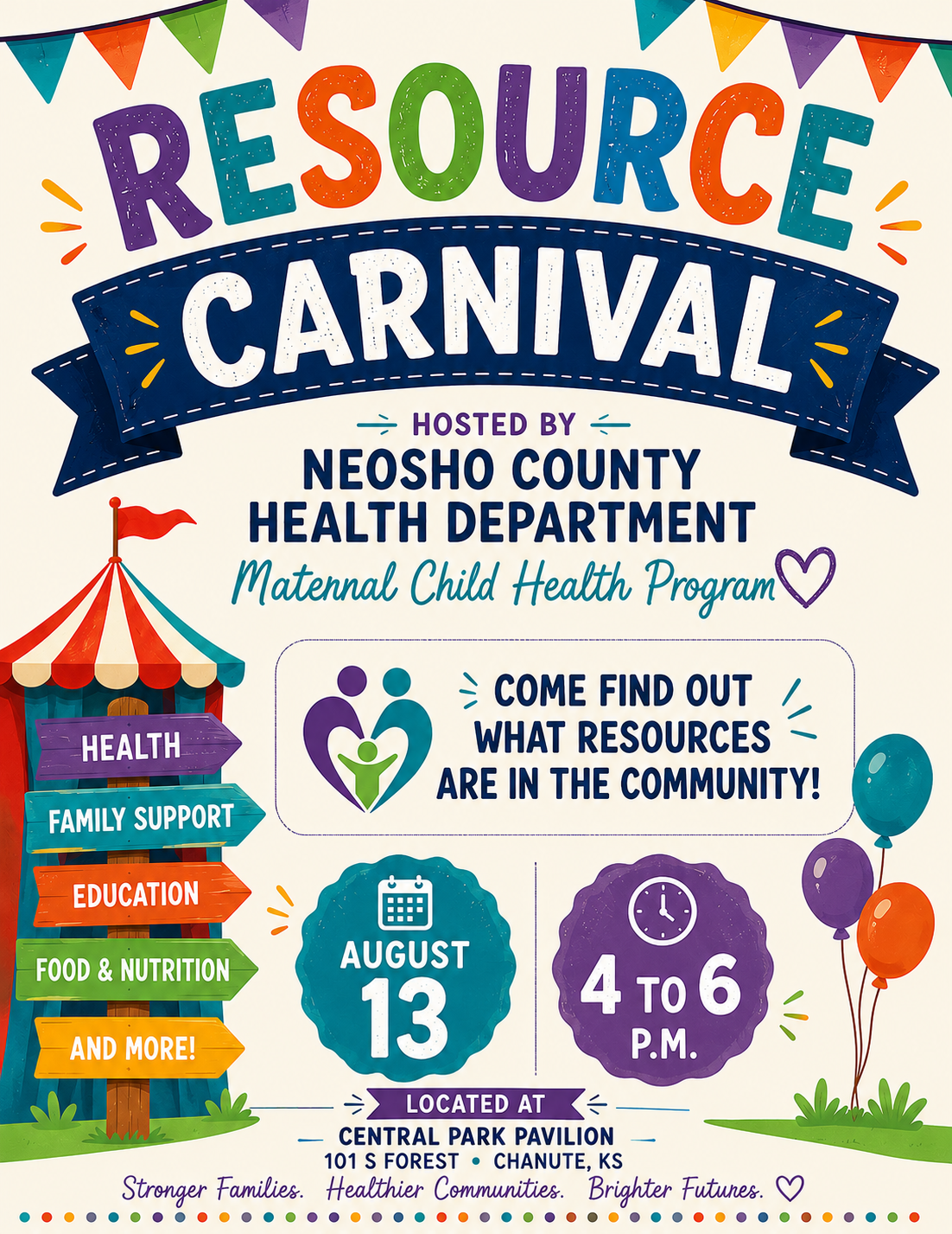 Resource Carnival – Hosted by Neosho County Health Dept. – Central Park Pavilion, Aug. 13, 4-6 pm