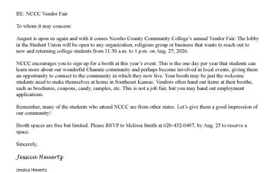 Neosho County Community College invites you to the 2026 Vendor Fair on Thursday, August 27 on the Chanute Campus, from 11:30 am to 1:00 pm!