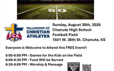 Fields of Faith Sunday, August 30th, 2026 @ Chanute High School Football Field. Everyone is welcome to attend this is a FREE Event!! 5:00-6:00pm Games for the kids, food will be served.
